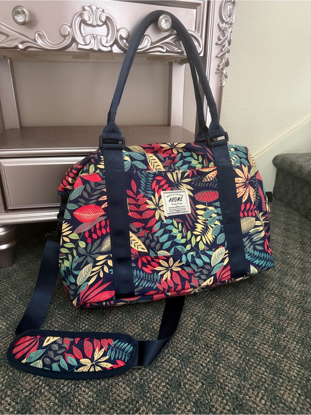 Navy Floral Travel Duffel Bagโ